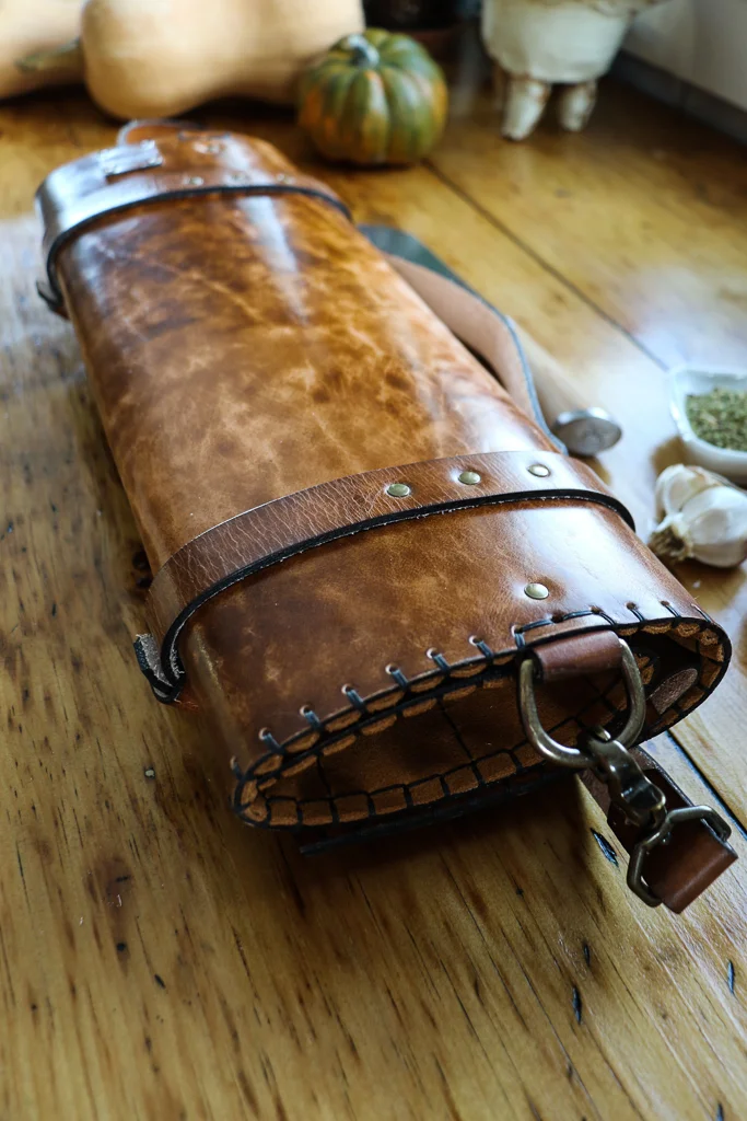 Bearded Skull Leather Knife Roll by Linny Kenney