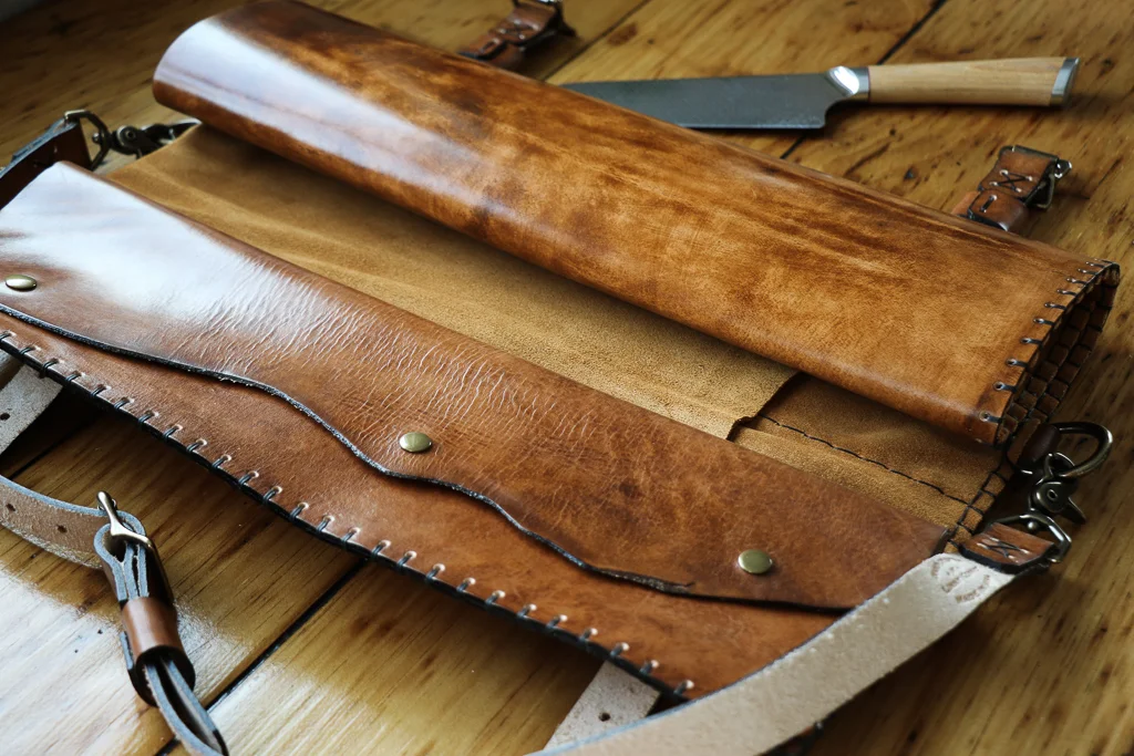Bearded Skull Leather Knife Roll by Linny Kenney