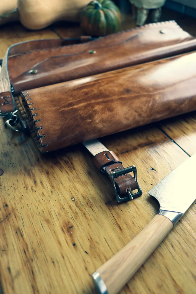 Bearded Skull Leather Knife Roll by Linny Kenney