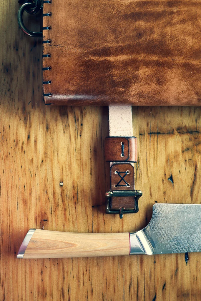Bearded Skull Leather Knife Roll by Linny Kenney