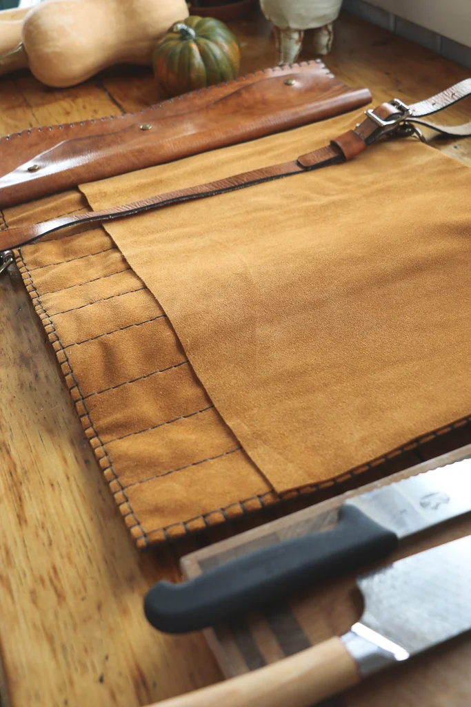 Bearded Skull Leather Knife Roll by Linny Kenney
