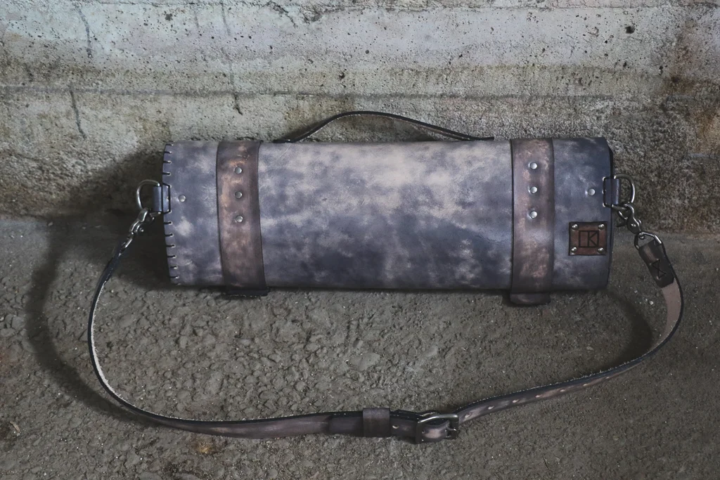 gray leather knife roll by Linny Kenney