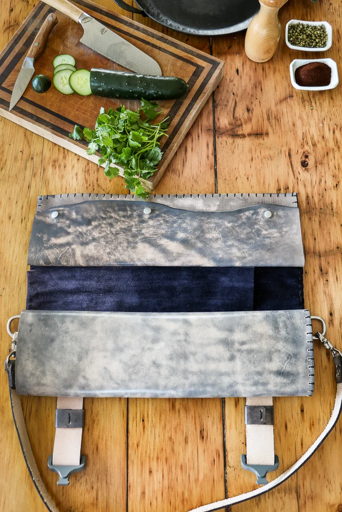 gray leather knife roll by Linny Kenney