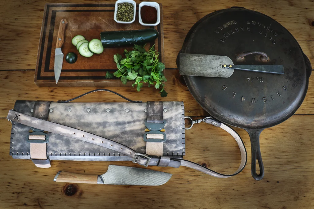 gray leather knife roll by Linny Kenney