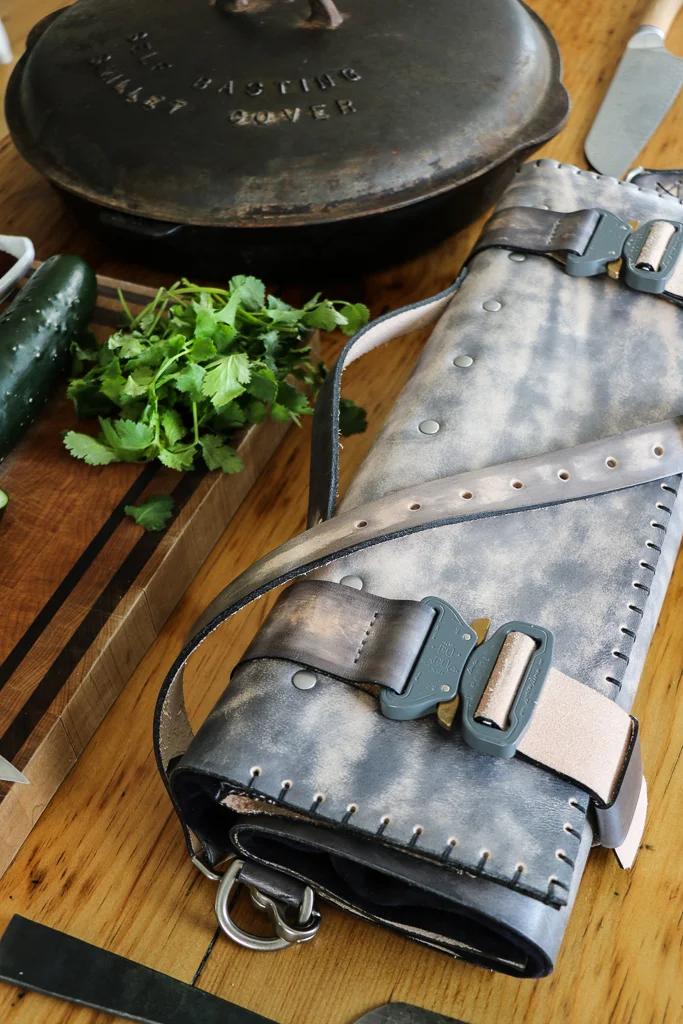 gray leather knife roll by Linny Kenney