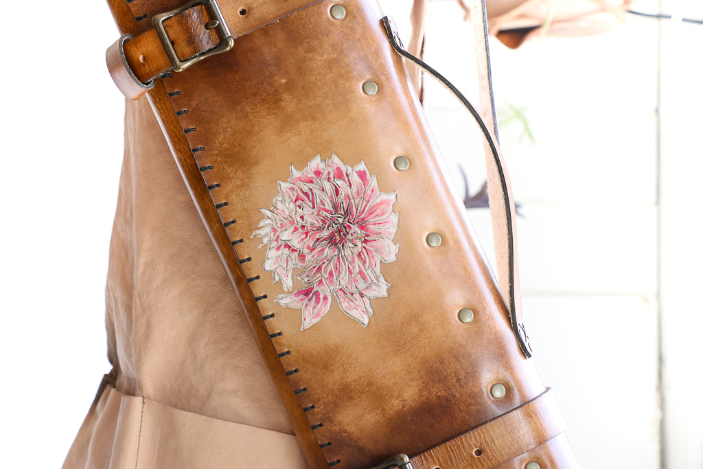 Dahlia natural leather knife roll by Linny Kenney 