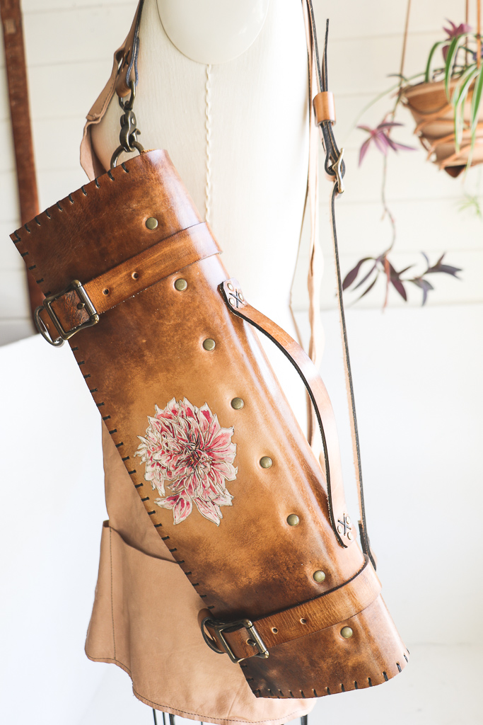 Dahlia natural leather knife roll by Linny Kenney 