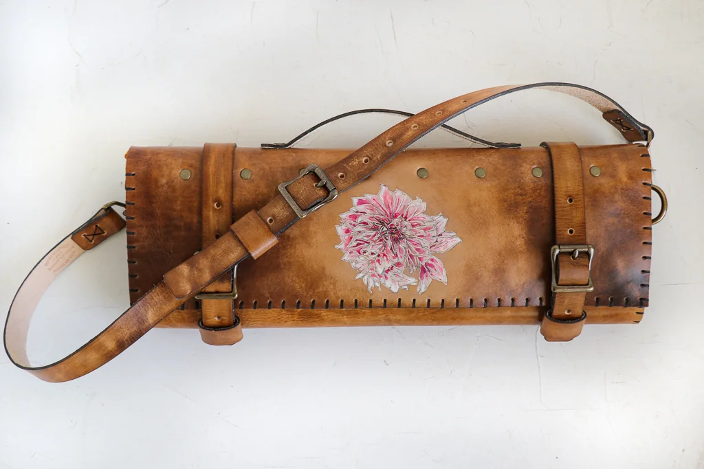 Dahlia natural leather knife roll by Linny Kenney