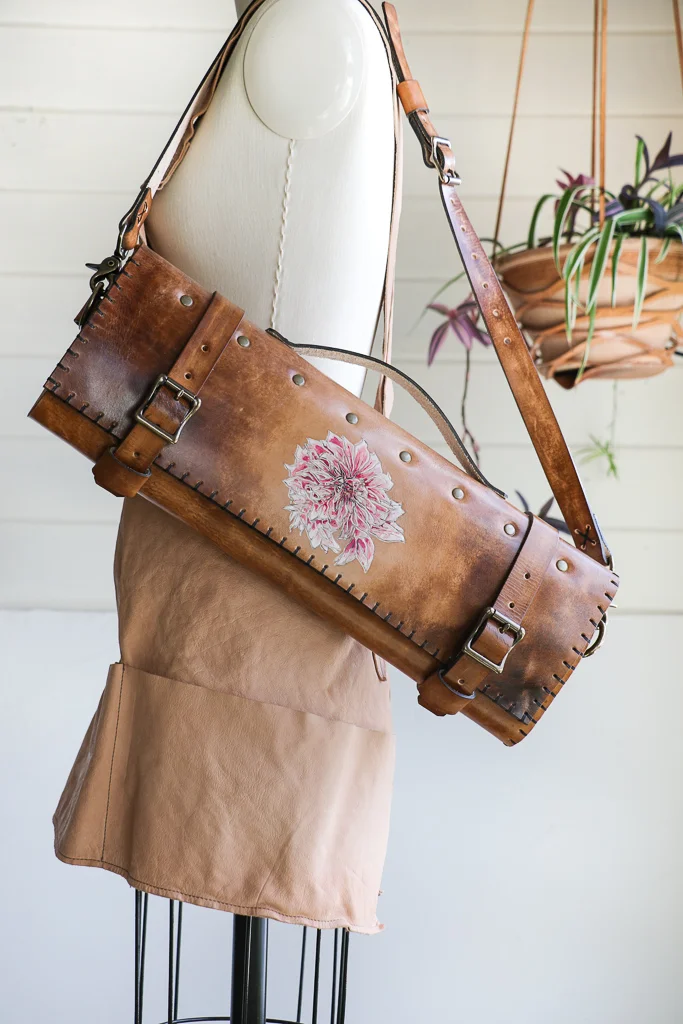 Dahlia natural leather knife roll by Linny Kenney