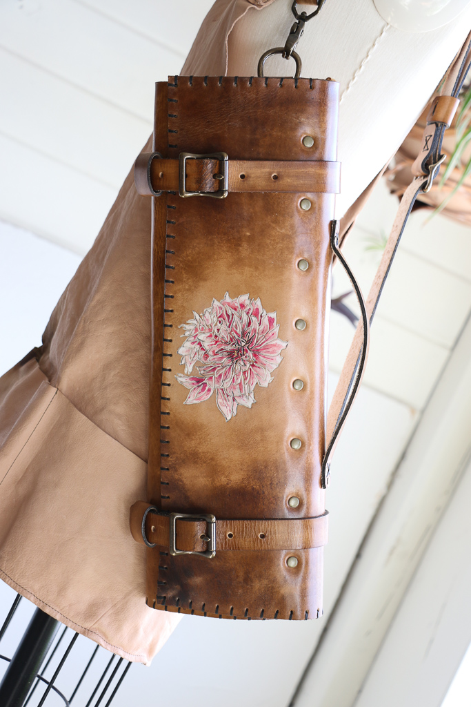 Dahlia natural leather knife roll by Linny Kenney 