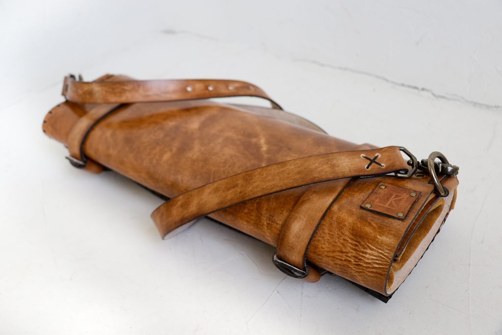 Dahlia natural leather knife roll by Linny Kenney 