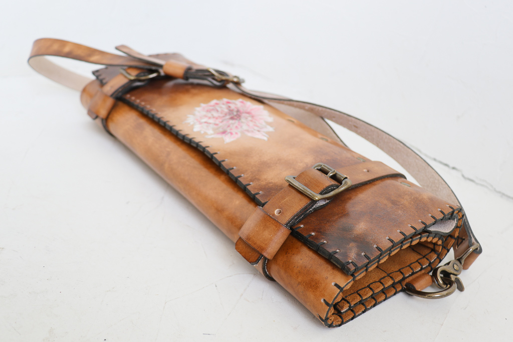 Dahlia natural leather knife roll by Linny Kenney 