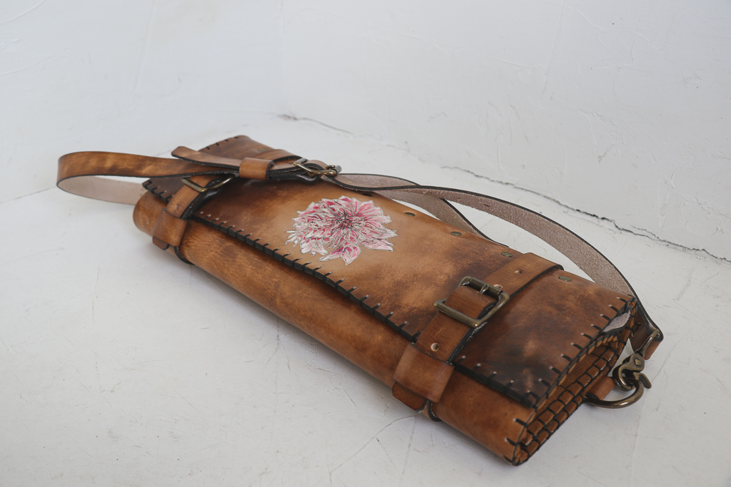 Dahlia natural leather knife roll by Linny Kenney 