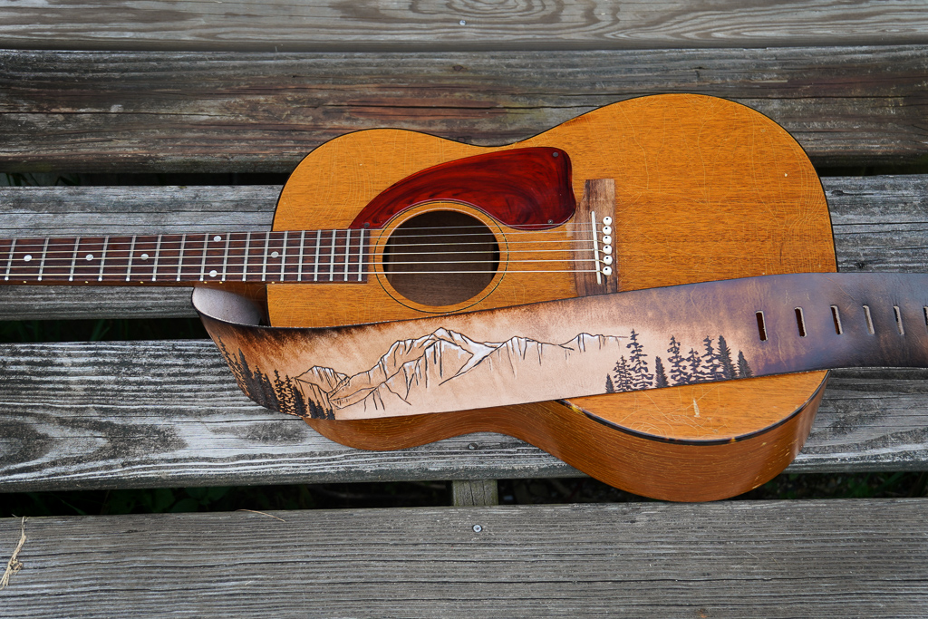 mountain and forest guitar strap by Linny Kenney