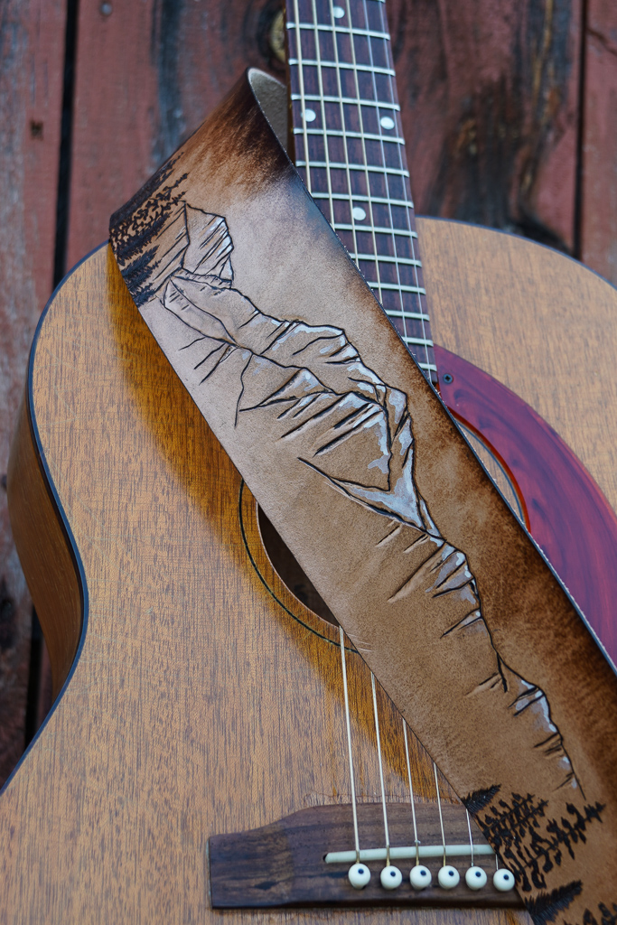 mountain and forest guitar strap by Linny Kenney