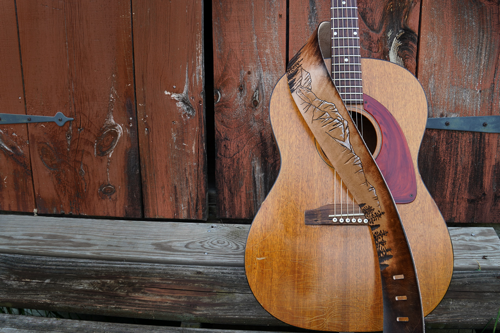 mountain and forest guitar strap by Linny Kenney