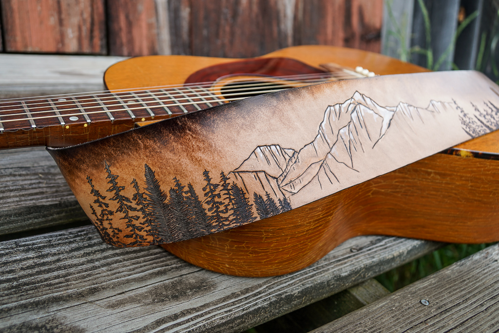 mountain and forest guitar strap by Linny Kenney