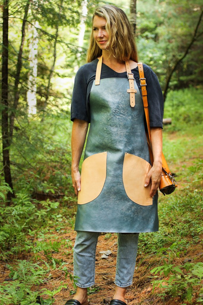 Italian Leather Apron Steel Blue and Natural — Linny