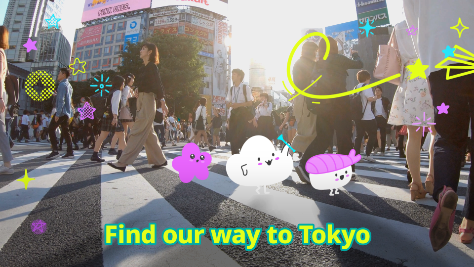 Still from animation of characters marching through Shibuya Crossing, for WestJet "Let's Tokyo"