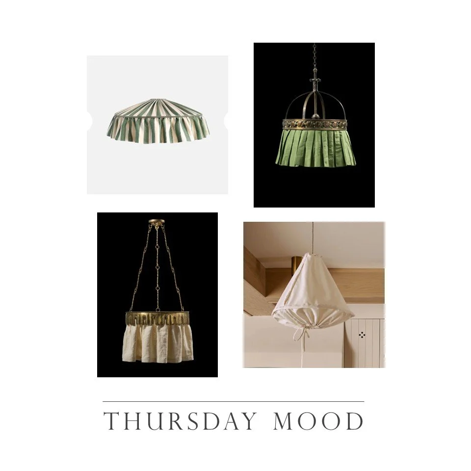 Thursday Mood. These skirted pendants are one reason to appreciate LEDs! They also inspired me to hand-craft the fixture on slide 2 which I made from a whimsical and classic linen pattern by @schumacher1889 . See it through the end of the summer in @