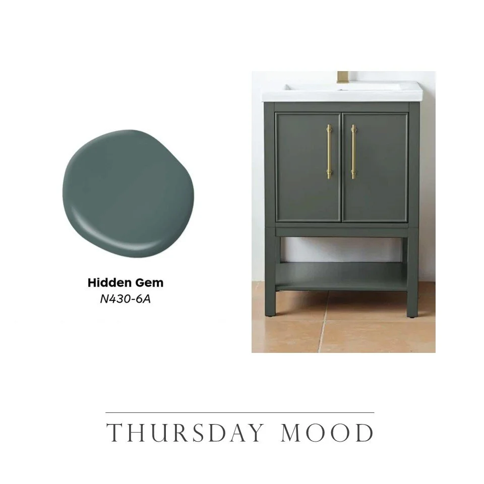 Thursday Mood. When your client is in tune with the color-of-the-year. This vanity with Behr's &quot;Hidden Gem&quot; color sets my client's powder room on the path to becoming the jewel box it's meant to be. Next step: wallpaper!
#interiordesign #md