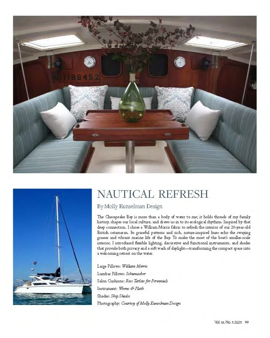 I am still thrilled with my recent print publication featuring our boat project in the current issue of Annapolis Home Magazine! It's such an honor to be included amongst pillars of the local design community!

Design @mollykunselmandesign 
Fabric: @