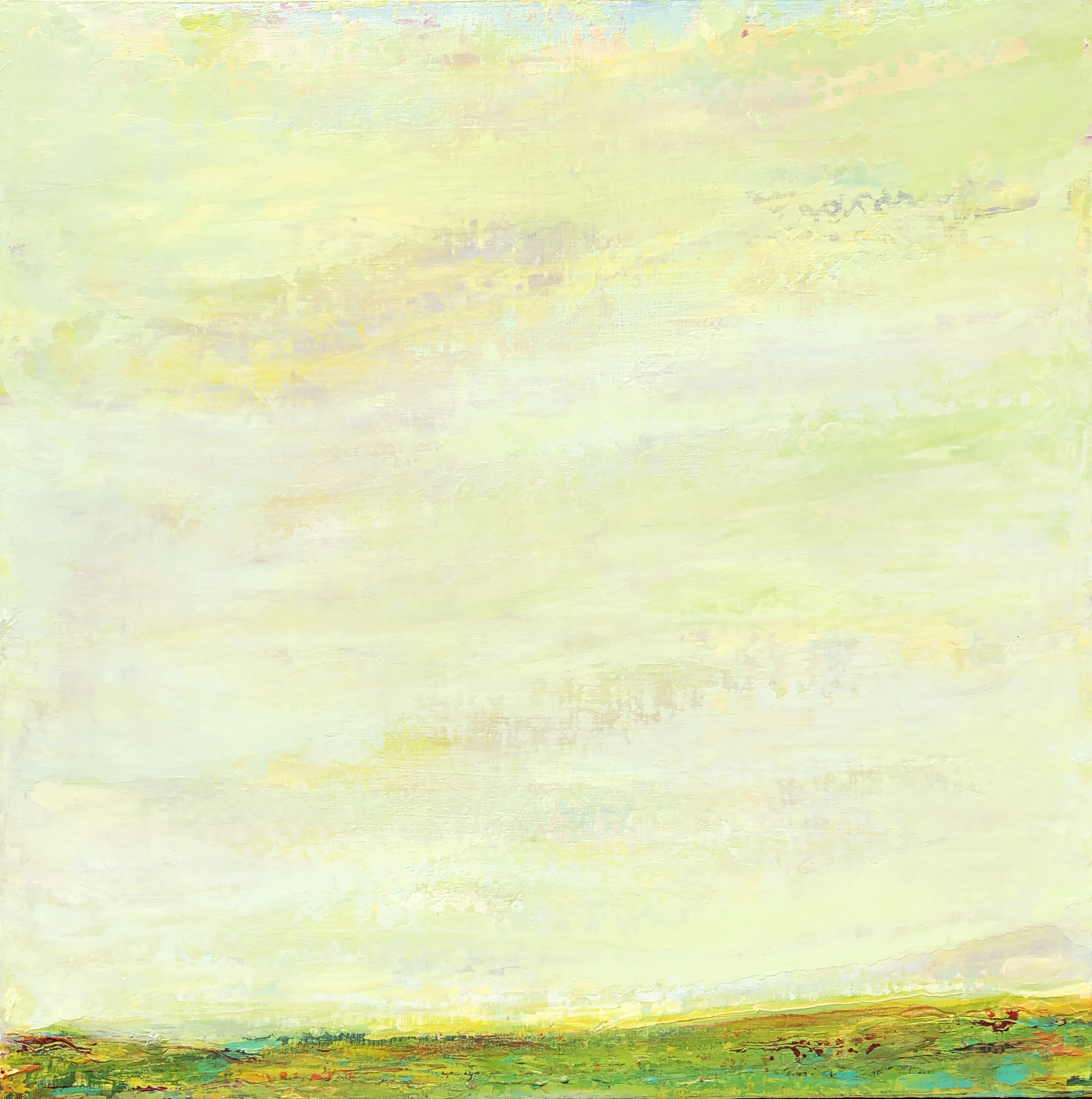 An abstract landscape painting with a yellow and green color palette. The sky is a wash of gentle yellow hues with some pink and orange mixed in. The foreground features grass and trees painted in a vibrant mix of green, yellow, and touches of other colors, creating a colorful and impressionistic scene.