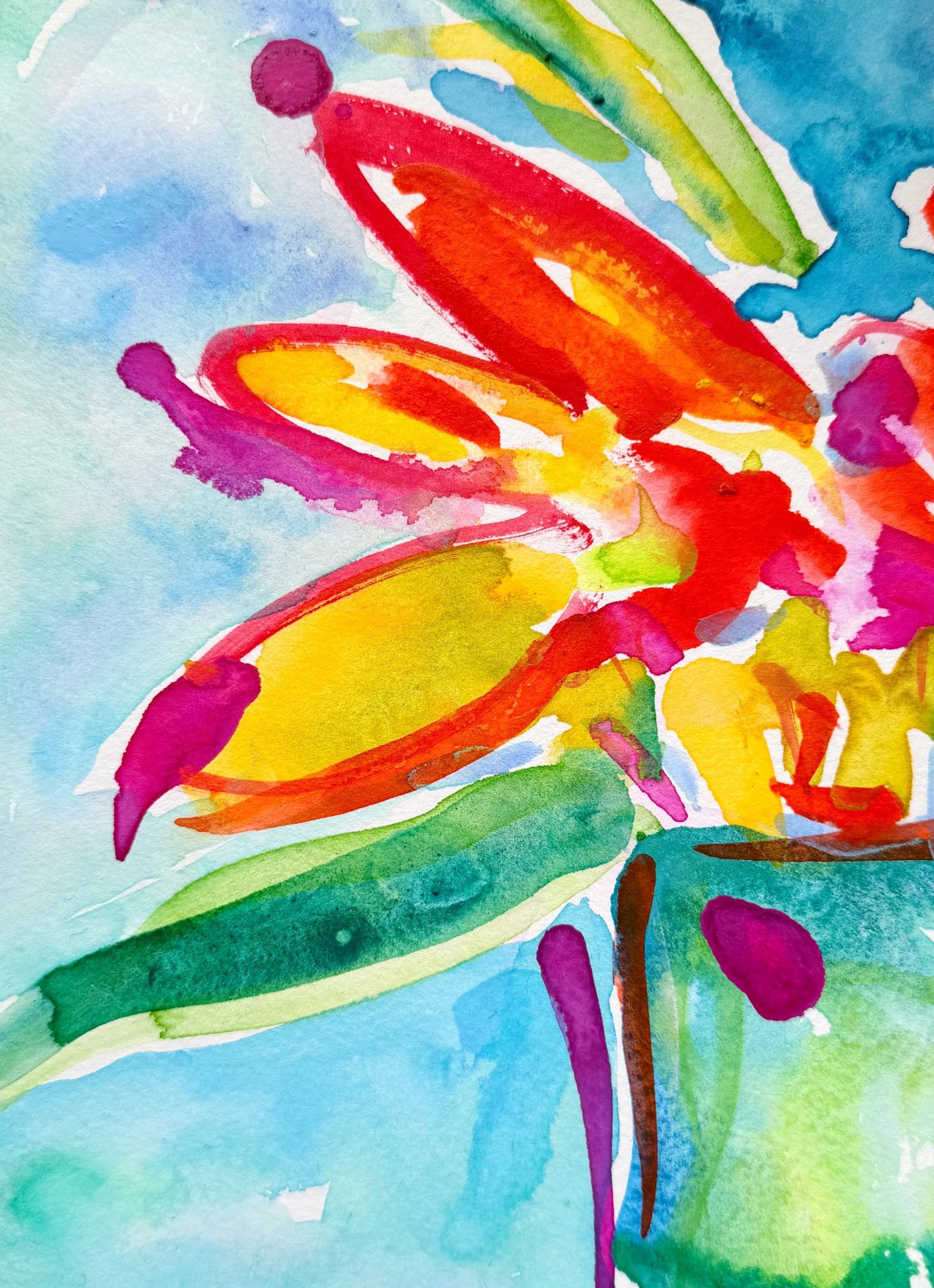 Colorful watercolor image of a butterfly with pink, orange, yellow, green, and purple wings on a light blue background.