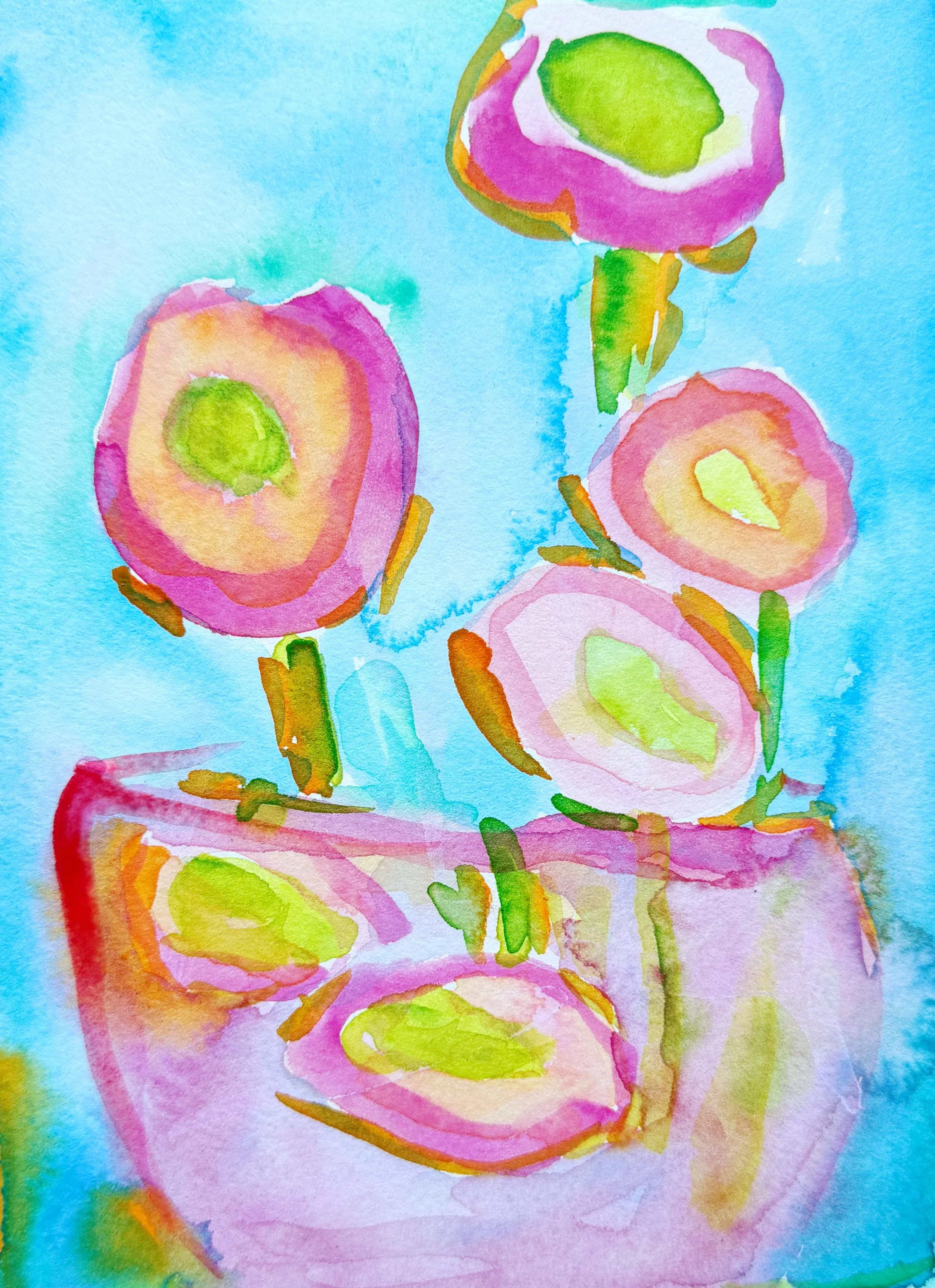 A colorful abstract watercolor painting featuring various shades of pink, green, yellow, and blue, with a focus on rounded and circular shapes.