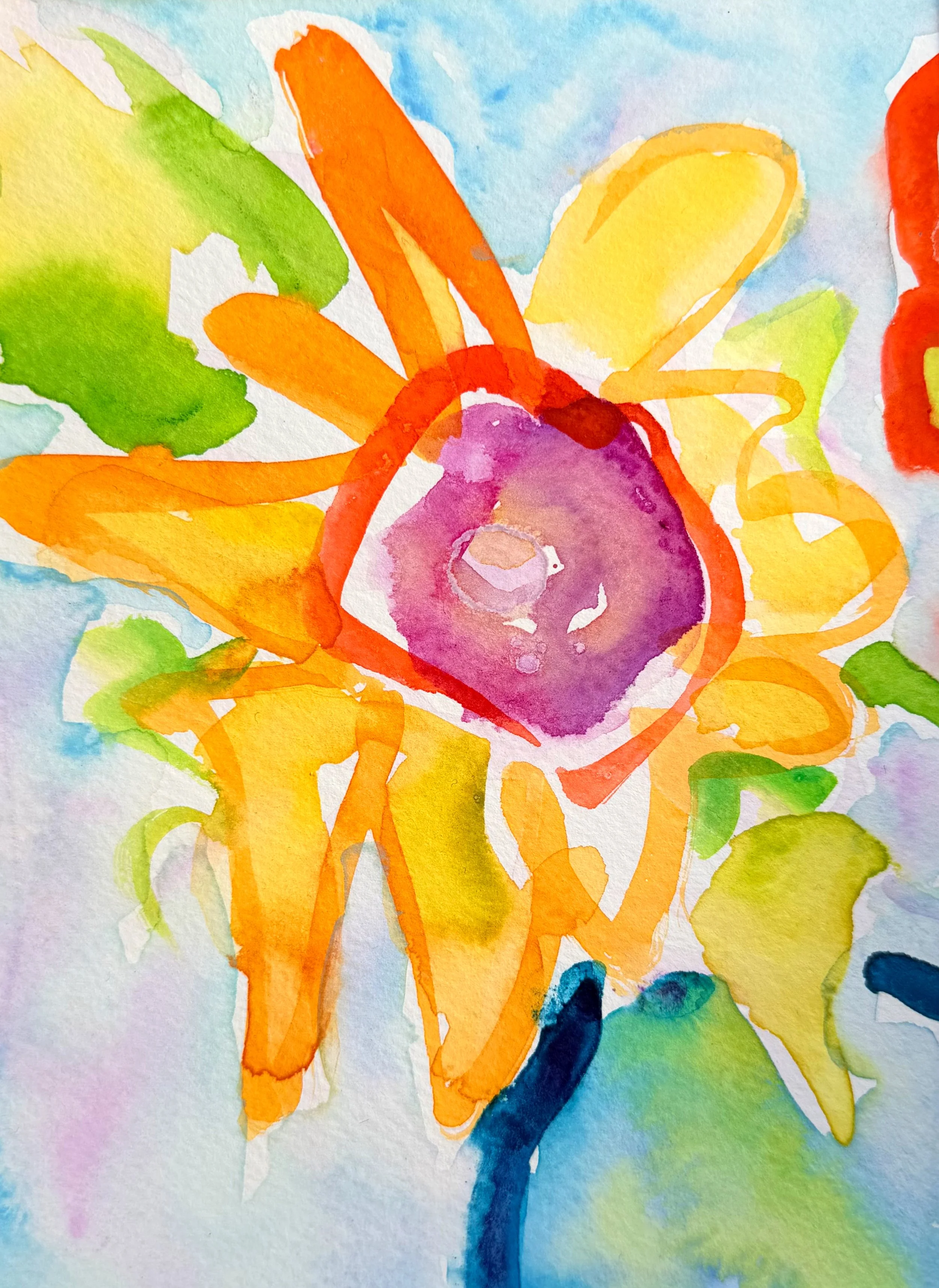 Watercolor painting of a colorful butterfly with orange, yellow, purple, green, and blue wings and a blue body on a multicolored background.