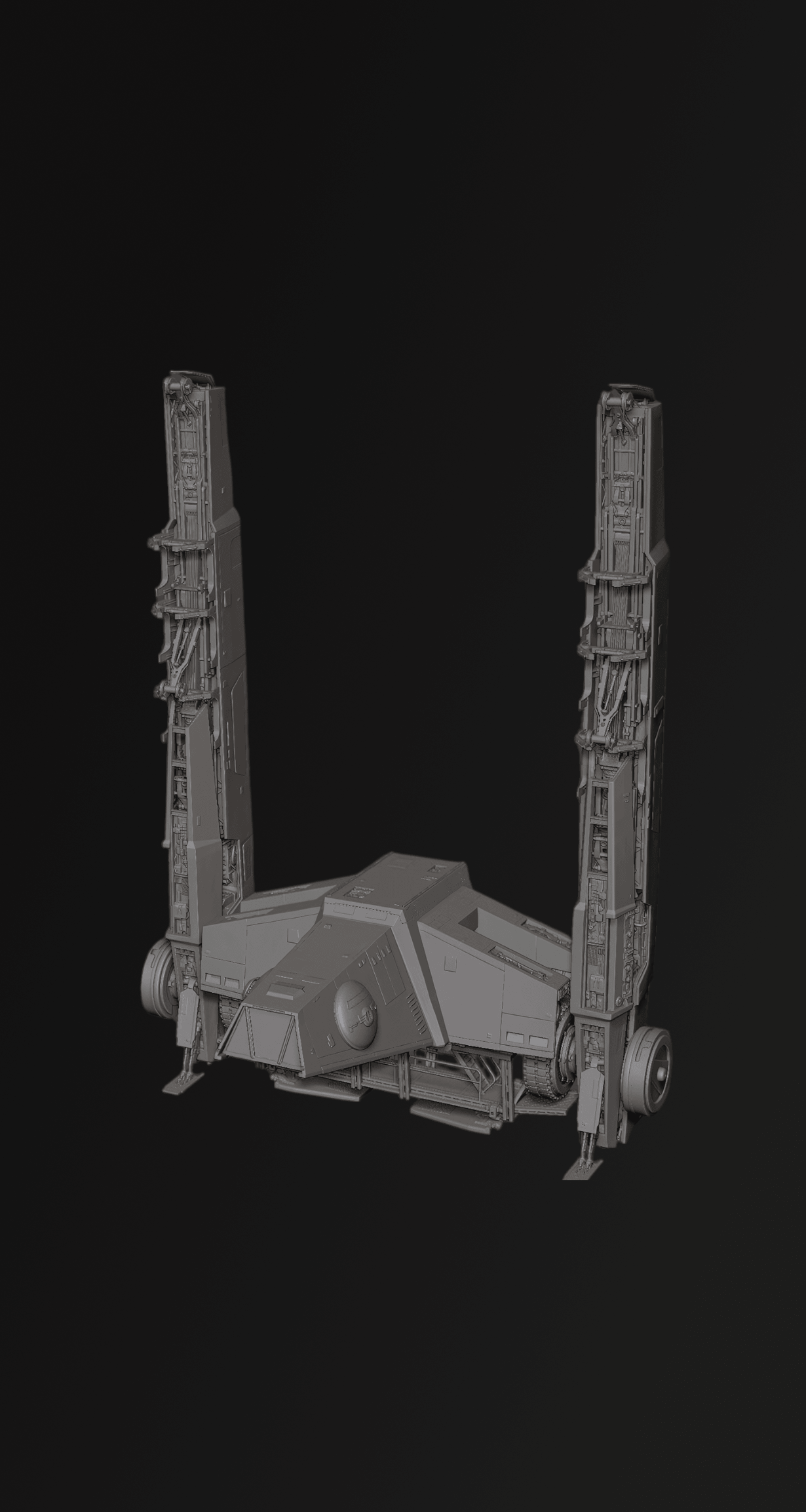 A detailed 3D model of a spaceship with a gray and black color scheme, featuring two tall vertical wings and a central body, set against a black background.