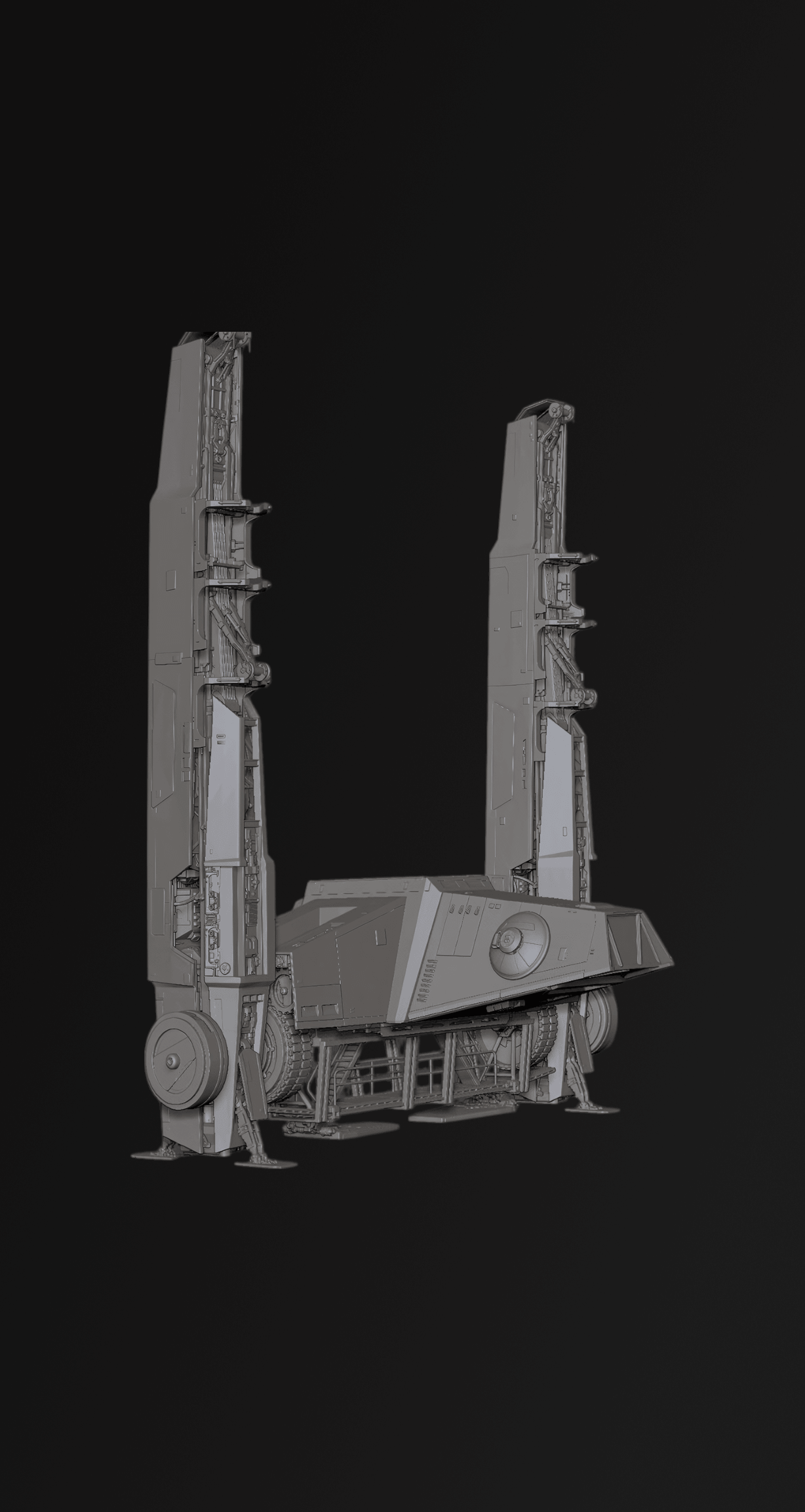 Gray spaceship or aircraft model with detailed mechanical features, displayed against a black background.