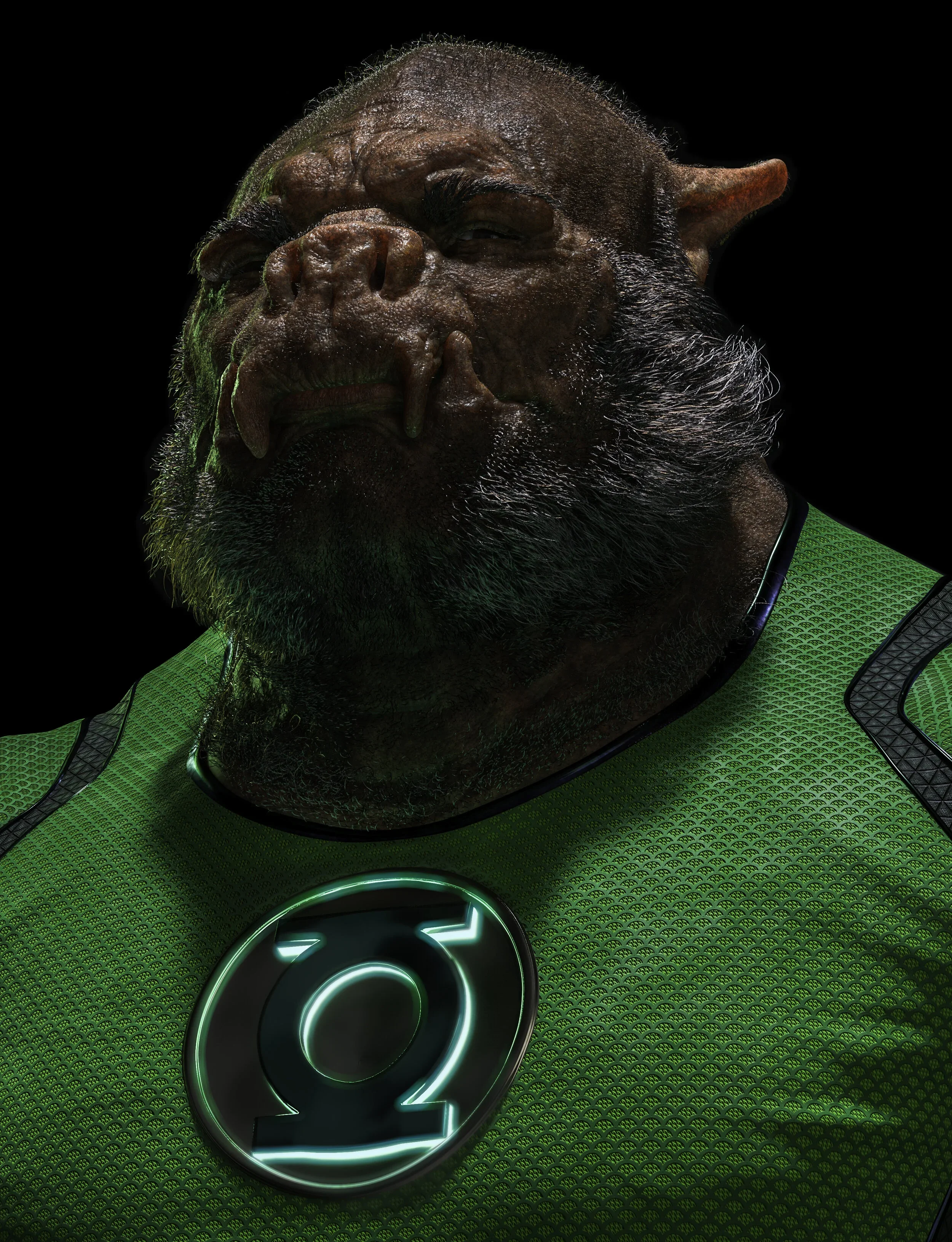 Portrait sculpt of Kilowog focusing on hair grooming and costume detail, a tusked alien character in a green Green Lantern costume, concept design for HBO's Lanterns.