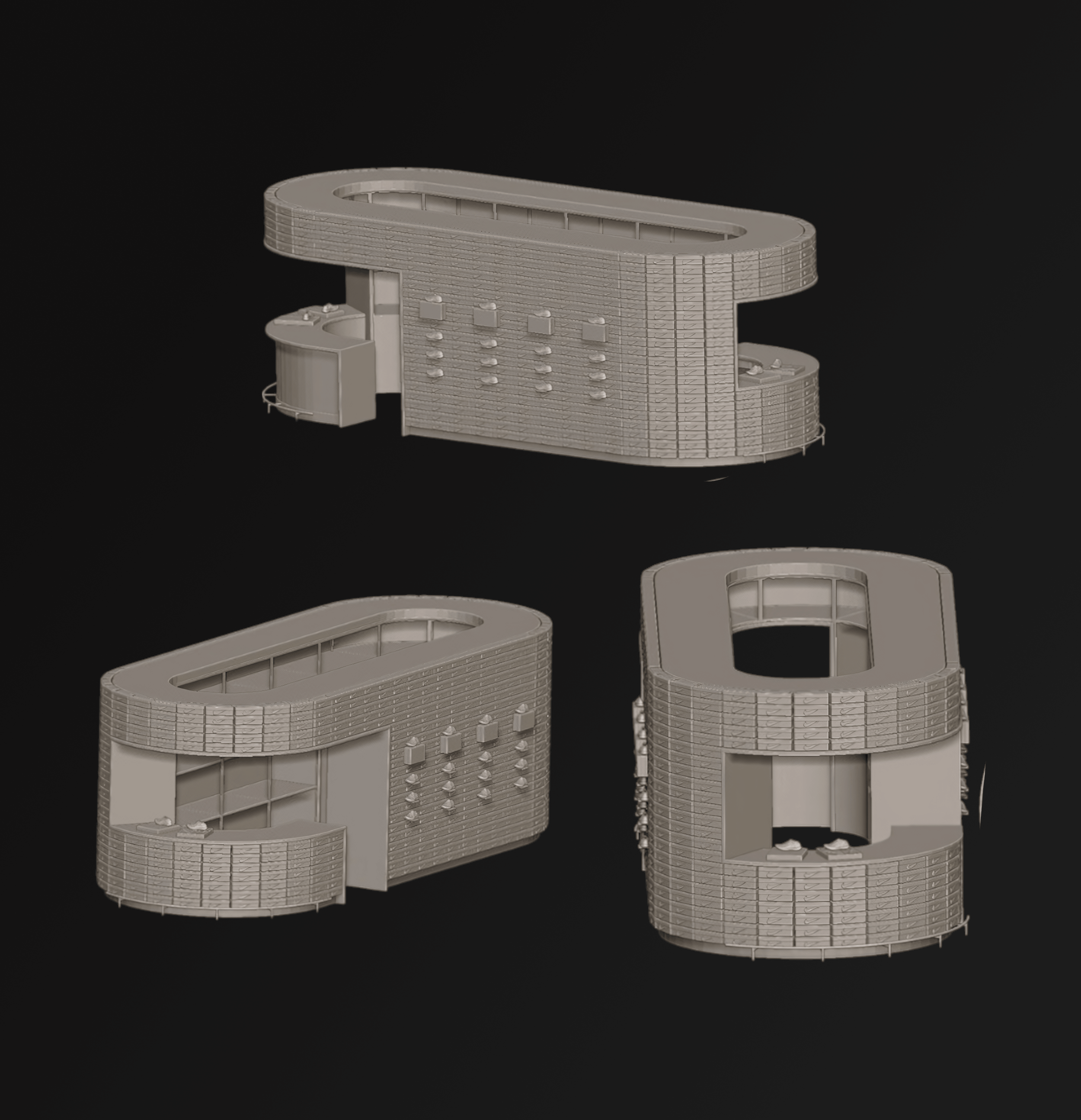 A 3D model of a modern, multi-story building with rounded edges, grid-like surface, and transparent windows set against a black background.