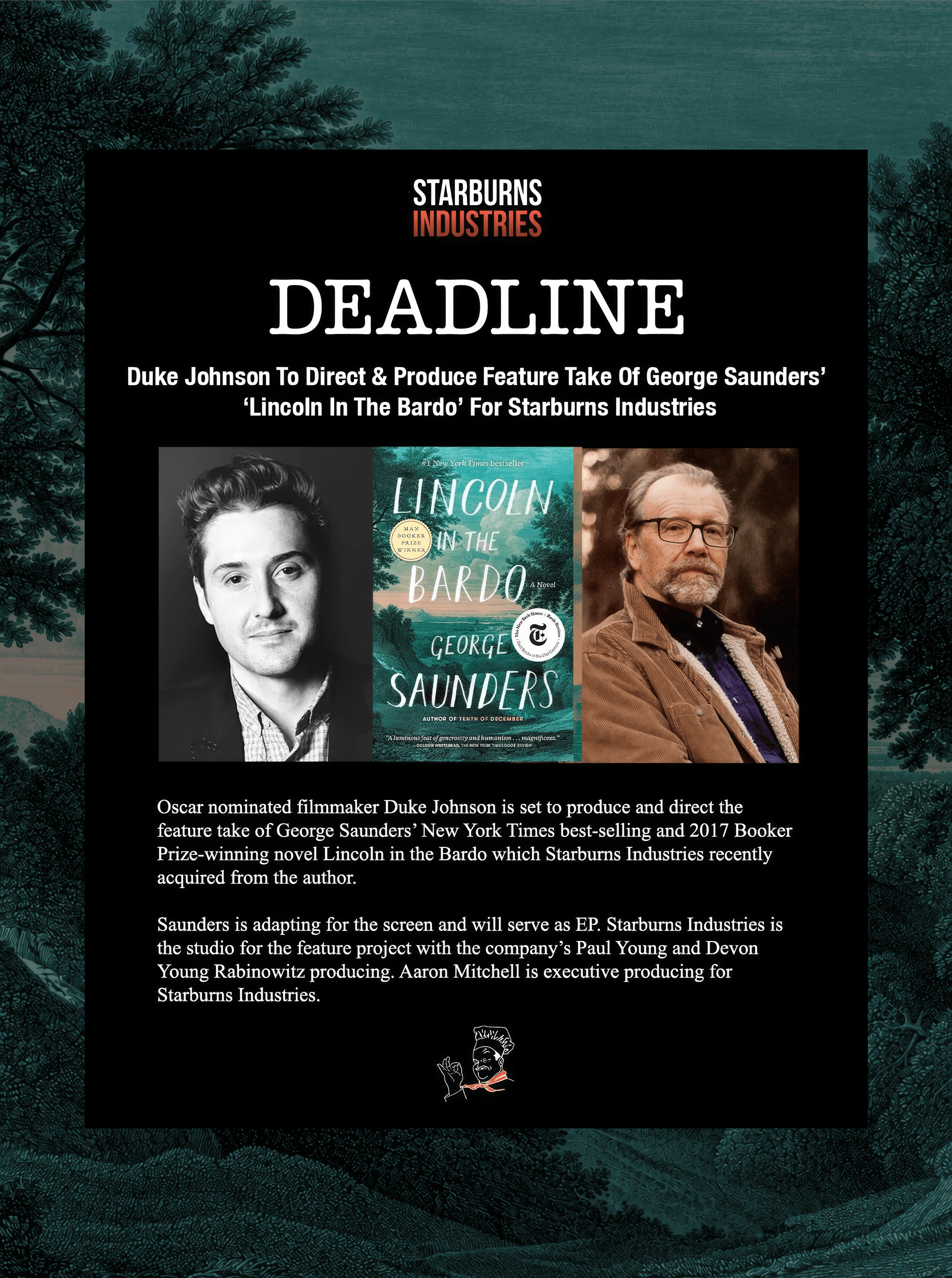 A black and white headshot of actor Duke Johnson, a book cover for George Saunders' "Lincoln in the Bardo," and a photo of actor Gary Sinise. The text discusses Duke Johnson directing a feature based on Saunders' novel for Starburns Industries.