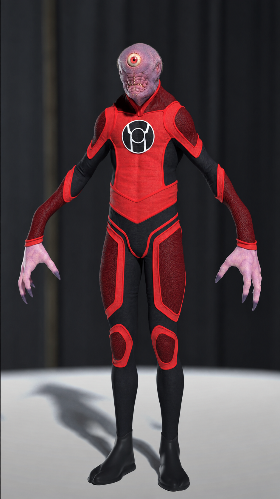 Full body digital sculpt of Veon focusing on hair grooming and costume detail, in his red Red Lantern costume, concept design for HBO's Lanterns.