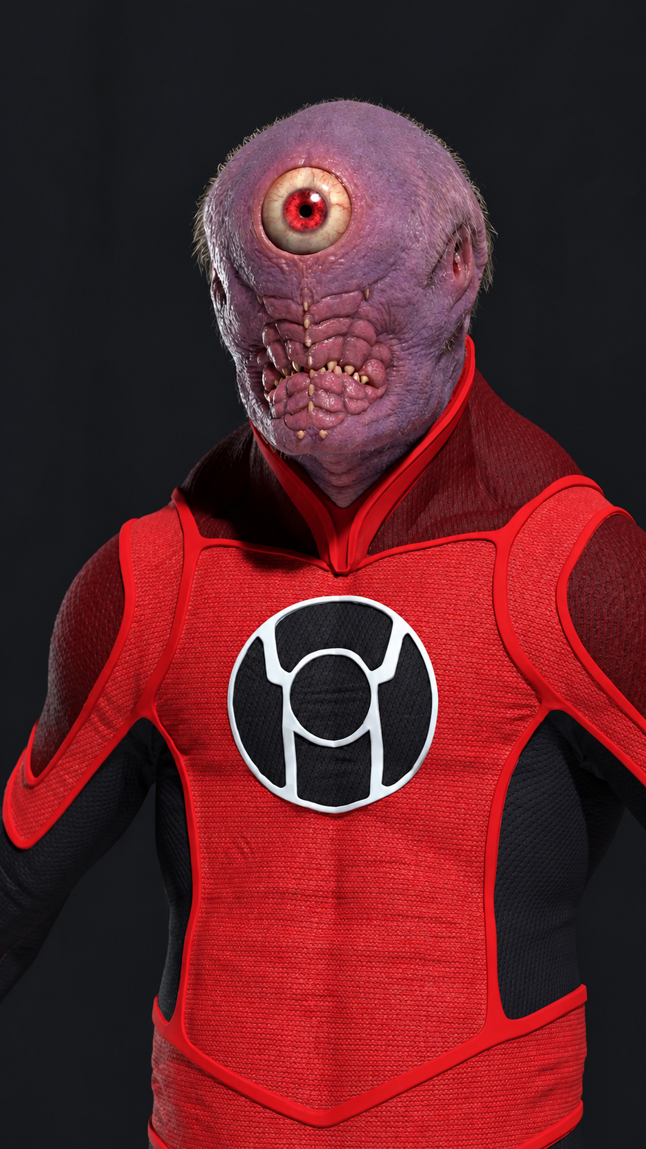 Portrait sculpt of Veon focusing on hair grooming and costume detail, a one-eyed alien character in a red Red Lantern costume, concept design for HBO's Lanterns