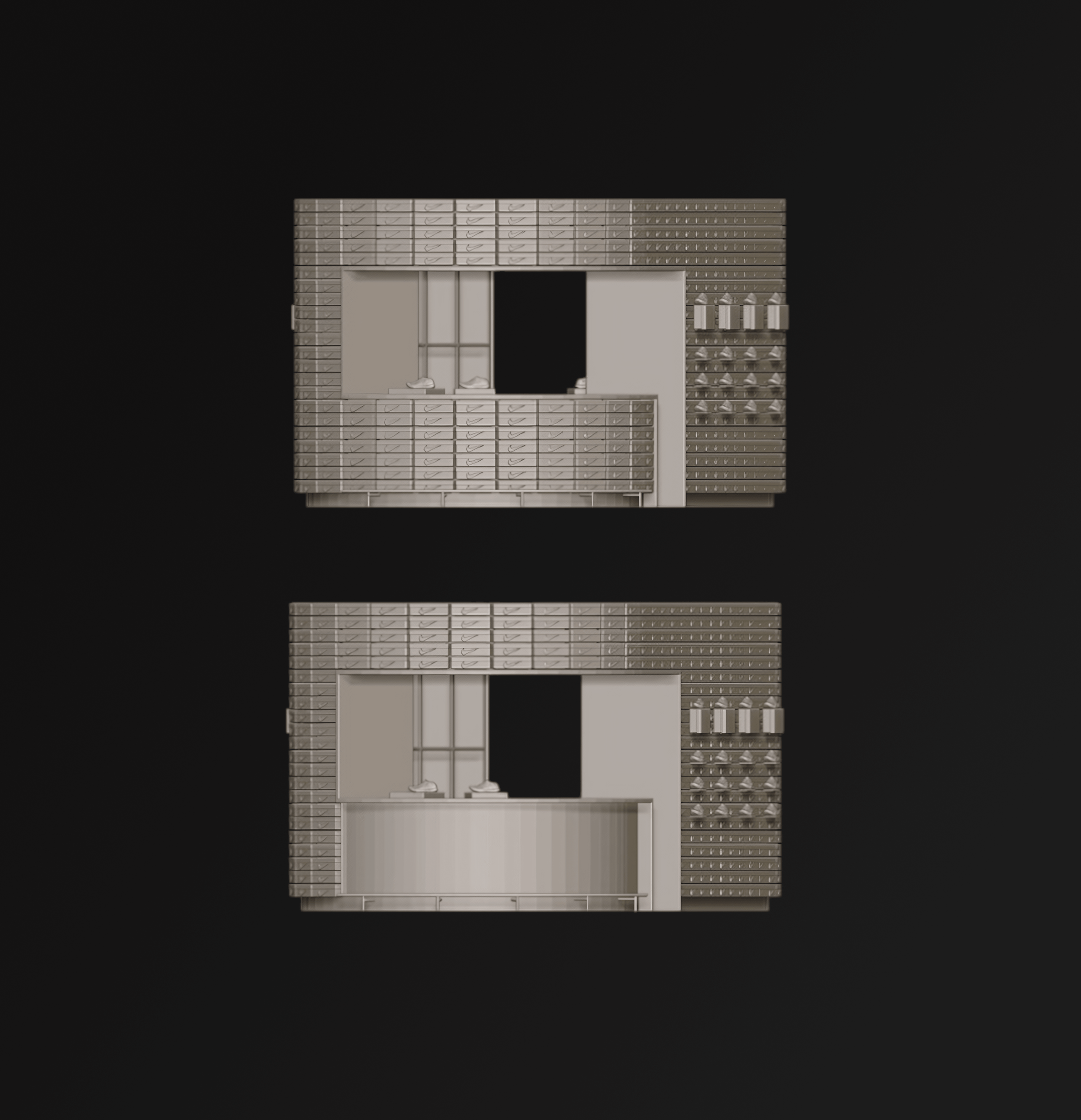 A white miniature architectural model with a rectangular opening in the center, set against a black background.