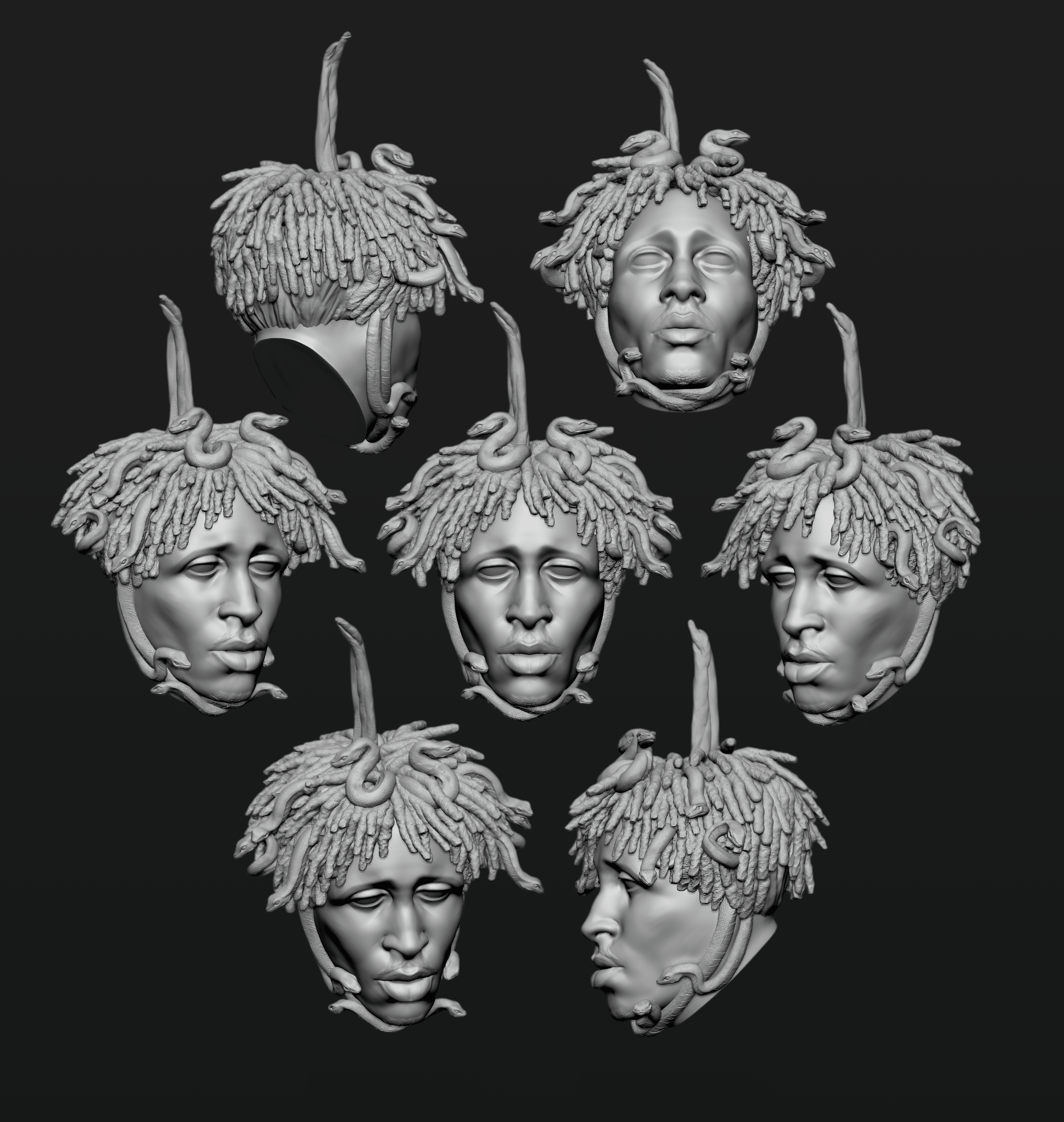 A digital sculpture art piece featuring multiple faces with dreadlock-like hair intertwined with snake sculptures, set against a black background.