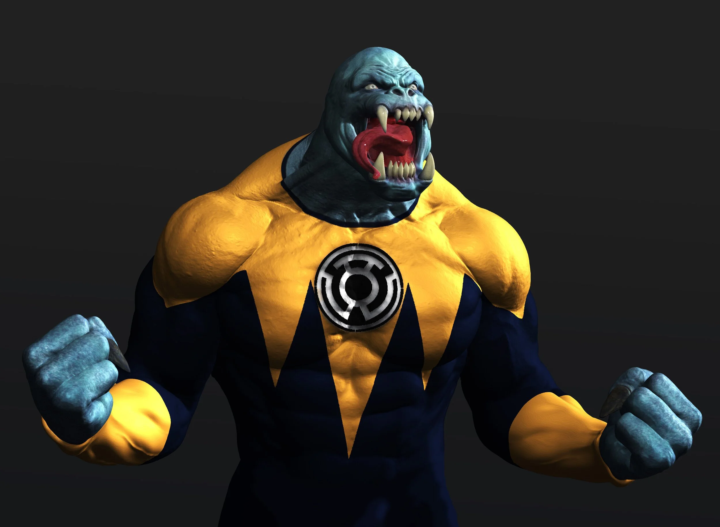 Full body sculpt of a yellow and blue Sinestro Corps or Lantern character, teeth bared, fists clenched, concept design for HBO's Lanterns.