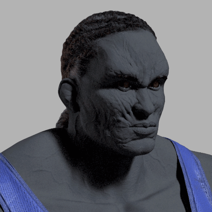 Unpainted digital sculpt of Fuerza's head and shoulders from Warner Bros' The Flash, showing the hair grooming and costume detailing.
