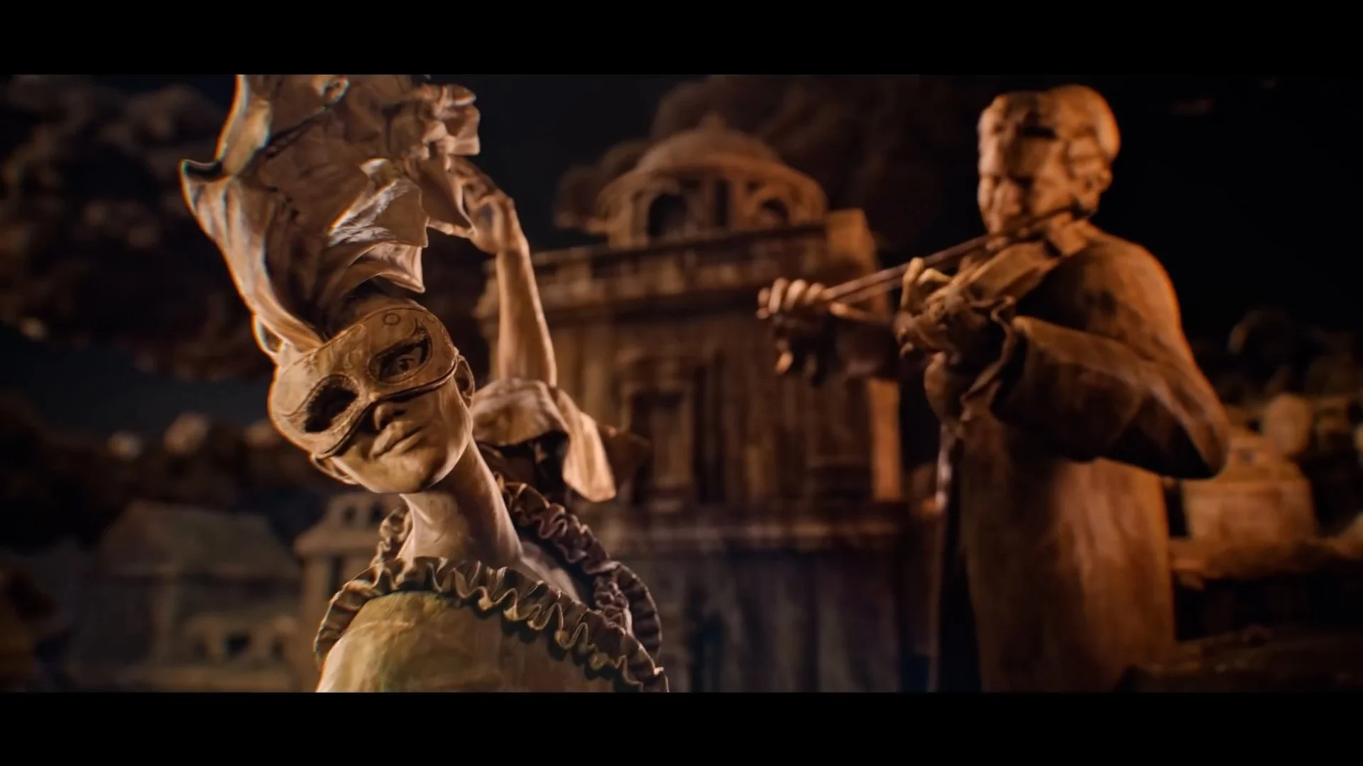 A masked, cloaked figure with an ornate headpiece stands in profile against a smoke-filled cityscape, from Sid Meier's Civilization VII's announcement teaser.