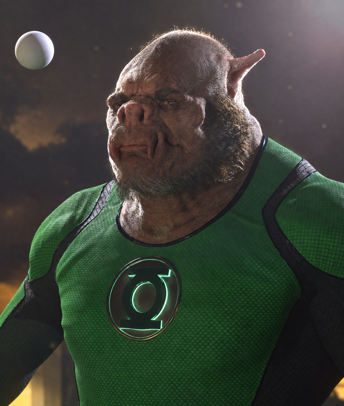Portrait of Kilowog focusing on hair grooming and costume detail, in his green Green Lantern costume, concept design for HBO's Lanterns.