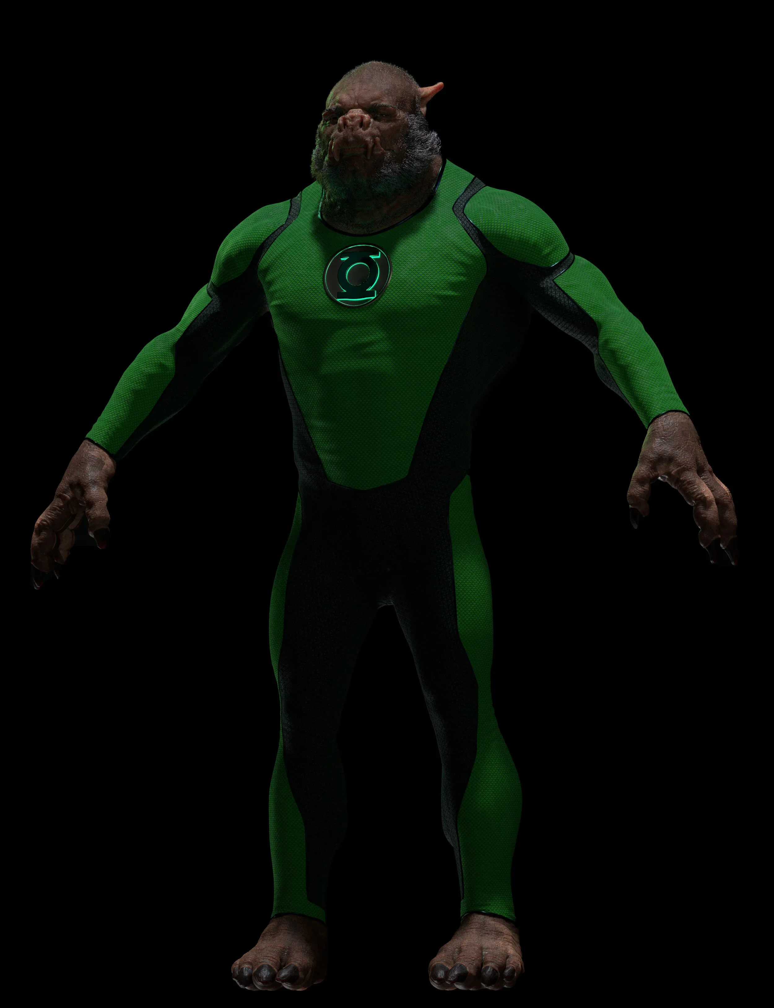 Full body digital sculpt of Kilowog focusing on costume detail, in his green Green Lantern costume, concept design for HBO's Lanterns.