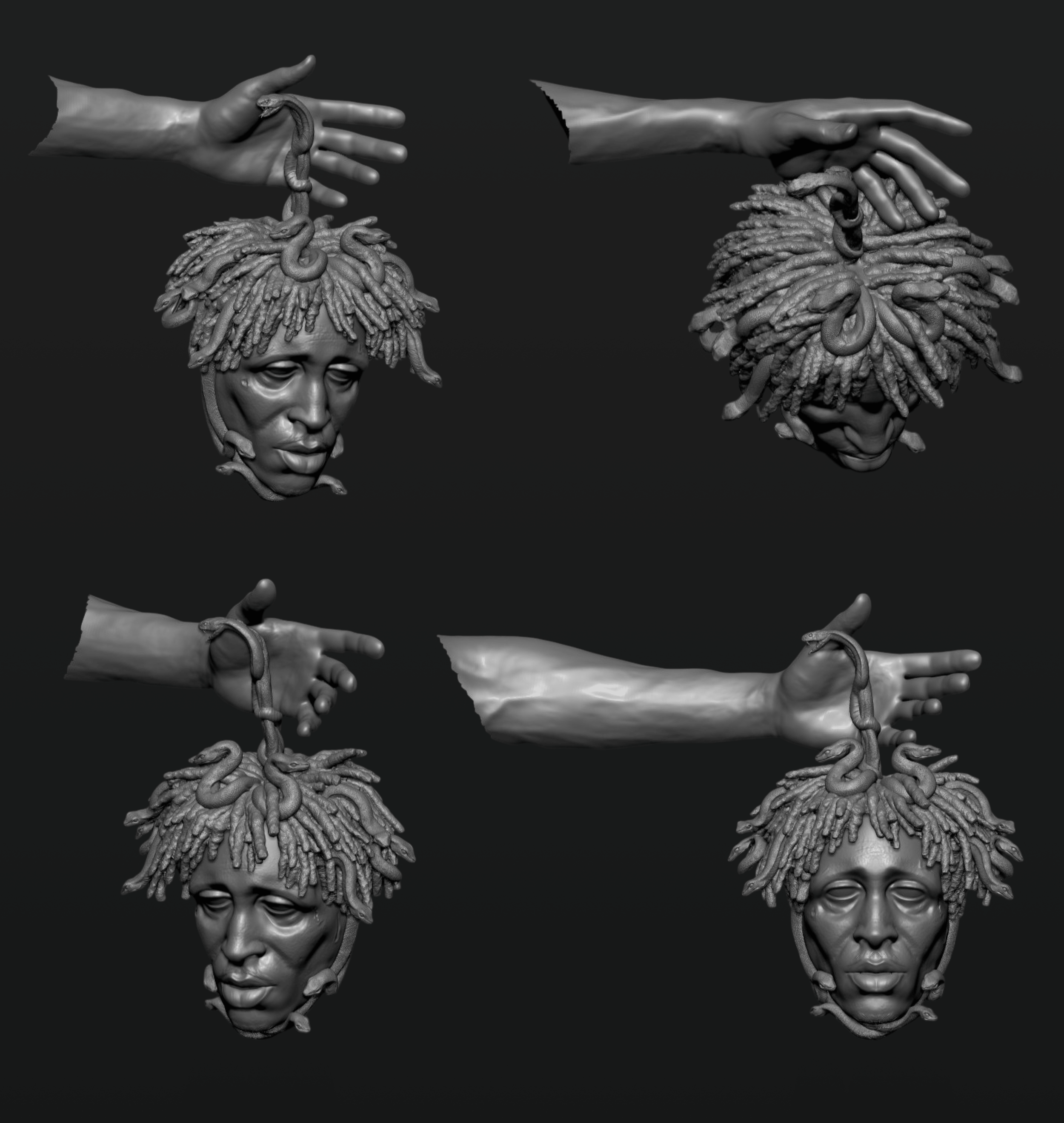 Digital sculpture of a person's head with dreadlocks, shown from different angles, with some hands pointing at or holding the head, against a black background.
