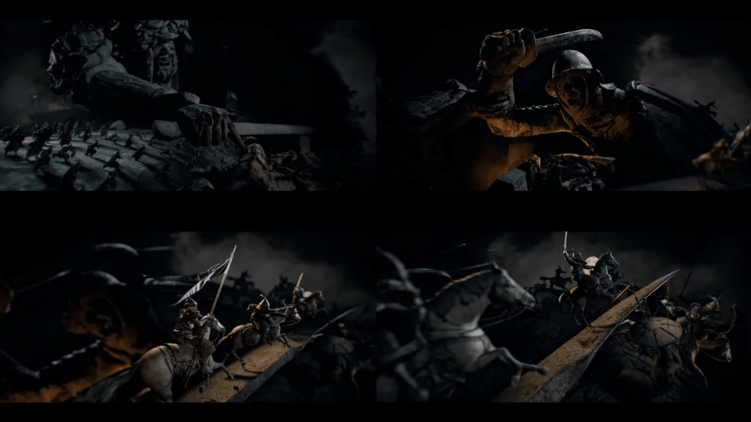 Animated battle scene with soldiers fighting with swords and shields, some wearing helmets, amidst chaos and smoke.