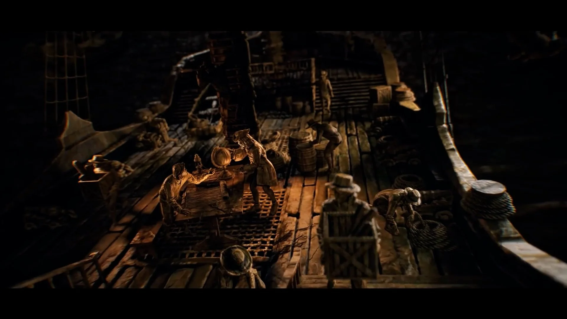A scene of miniature wooden figures on a ship's deck, with some figures reaching out and others working, set in a dark environment with warm lighting.