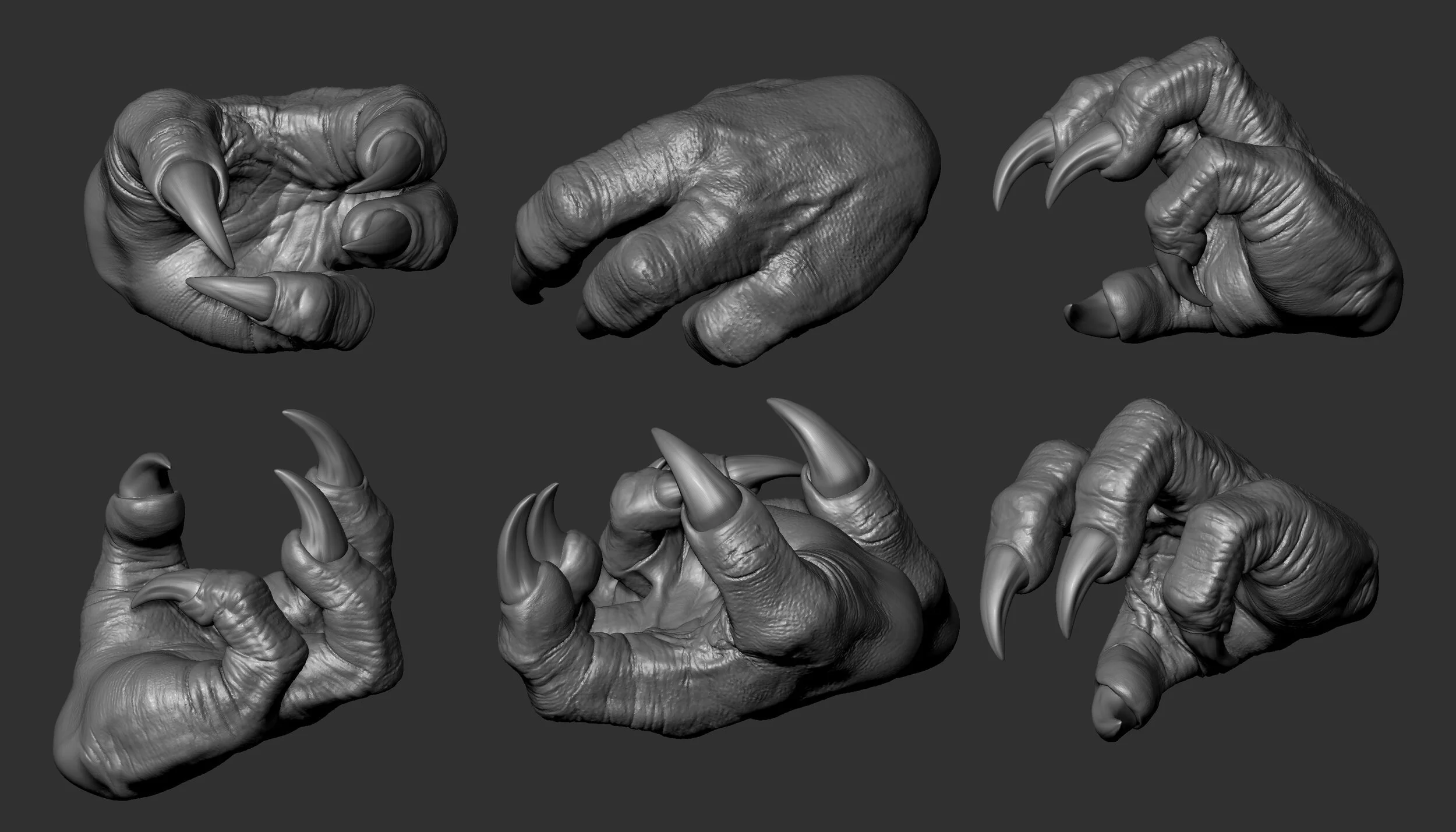 Six digital sculpts of clawed alien hands in different poses, likely concept studies for Arkillo from HBO's Lanterns.