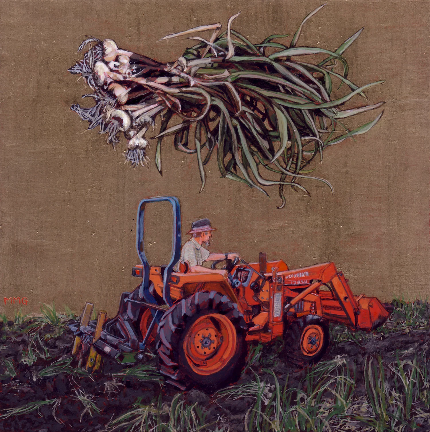 Tractor - thoughts of garlic - 6" x 6"