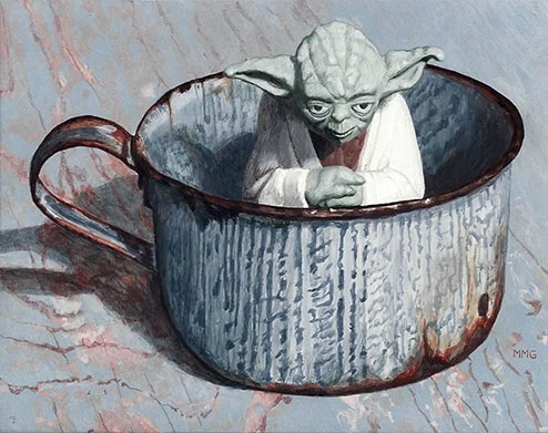 Yoda in a tin cup 5.5 " x 7 "